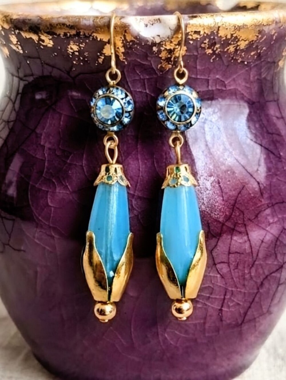 Victorian  Sky Blue Flower Swarovski Crystal & Glass In Gold Plated Earrings